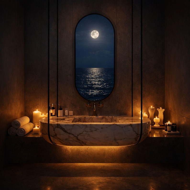 Collectible architectural marble sink made from rare Calacatta Viola marble, suspended luxury bathroom basin carved by hand from a massive stone block, floating vanity sink with dramatic sculptural presence designed for luxury villas and penthouses, premium handmade marble sink by MarbleSinkCo masters shipped worldwide with DHL Express