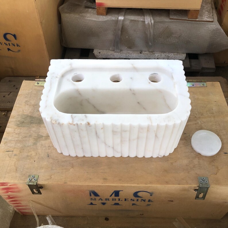 Handmade Fluted Calacatta Gold Marble Sink - Glossy White, Wall-Mounted or Countertop Bathroom Vanity, 35x22x15cm (13.8x8.7x5.9in)