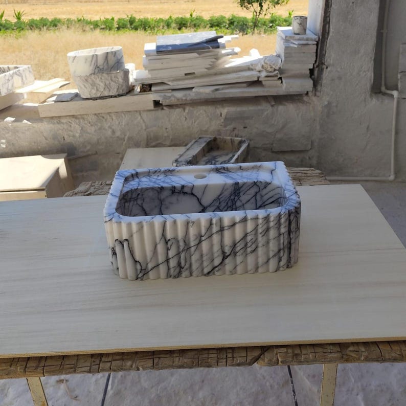 Natural Stone Vessel Bathroom Sink, Chiseled Ojinaga Marble, Vanity Sink