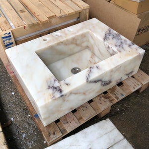Wall hung Vessel Sink with 3 faucet holes Calacatta Gold Floating Sink, Farmhouse Kitchen Sink, Rough Stone Sink Marble Sink Bathroom Vanity
