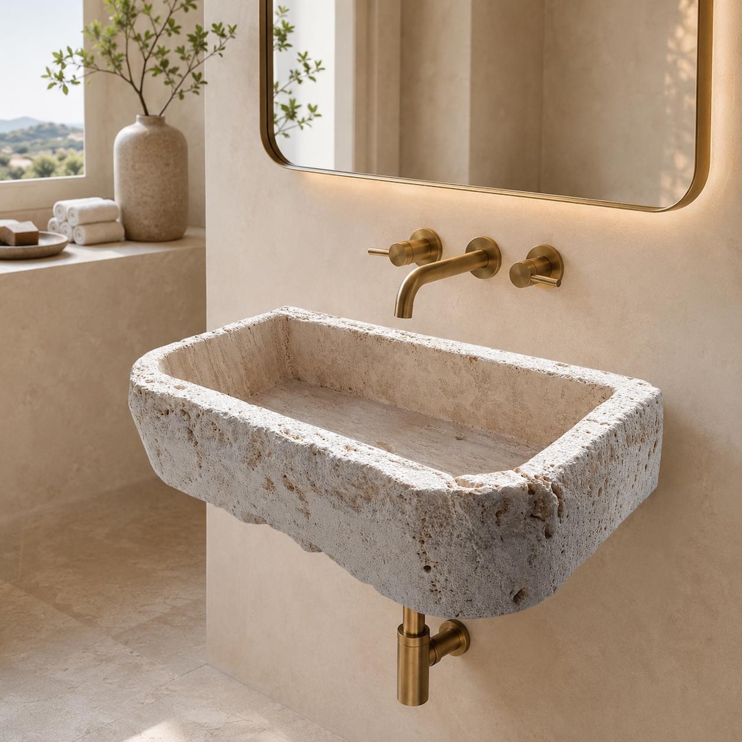 Travertine Suspended Sink, Floating Stone Vanity Basin, Hand Carved Rustic Bathroom Statement Piece