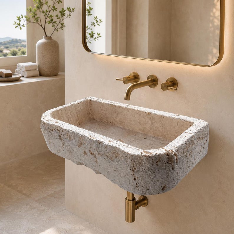 Suspended Chiseled Travertine Sink