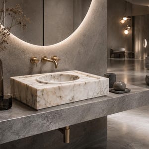Single block marble sink with round carved basin, natural Calacatta Gold veining, polished finish and thick sculptural rectangular stone body