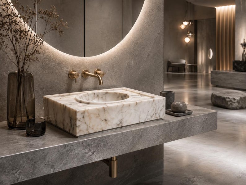 Single block marble sink with round carved basin, natural Calacatta Gold veining, polished finish and thick sculptural rectangular stone body