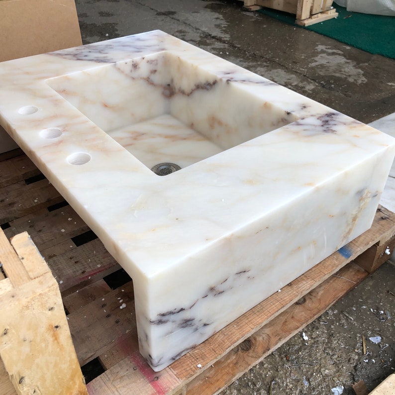 Wall hung Vessel Sink with 3 faucet holes Calacatta Gold Floating Sink, Farmhouse Kitchen Sink, Rough Stone Sink Marble Sink Bathroom Vanity
