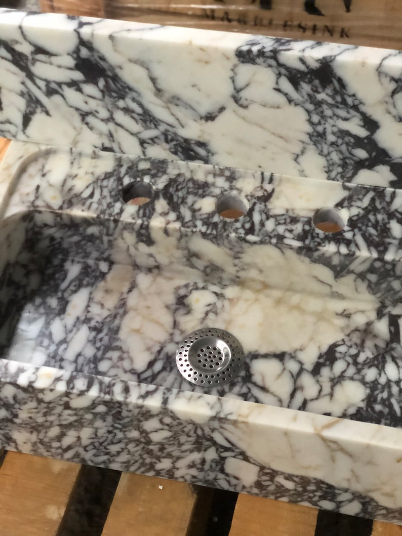 Calacatta Viola Marble Sink, Floating Sink With Backsplash, Marble Sink Vanity, Powder Room Sink, Wall Mounted Sink, Bathroom Sink #etsy