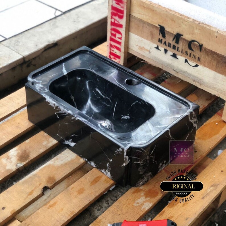 Handmade Black Nero Marquina Marble Wall Mounted Bathroom Sink Floating Luxury Natural Stone Wash Basin