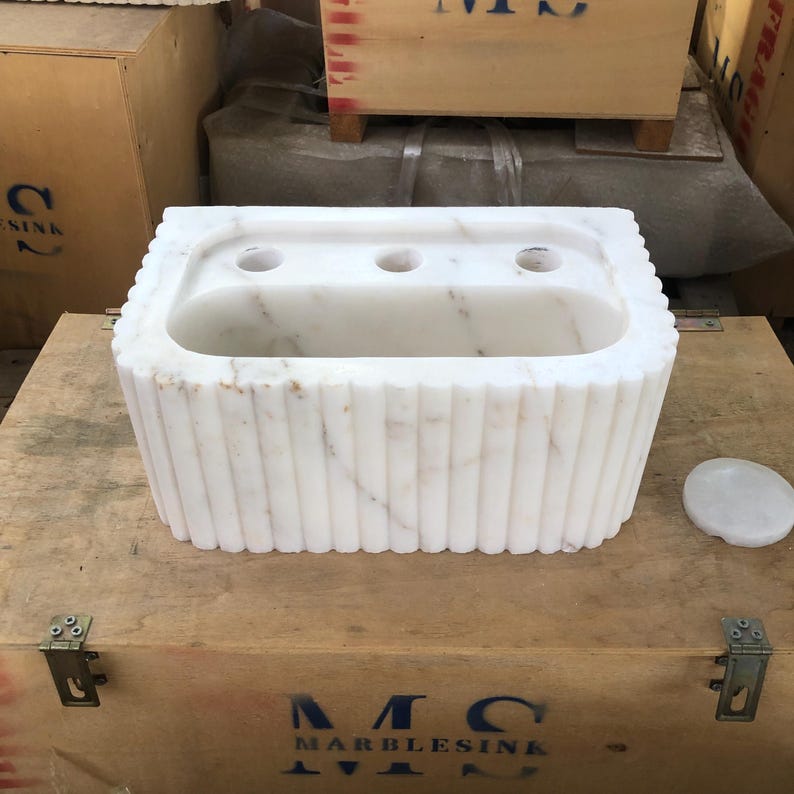 Handmade Fluted Calacatta Gold Marble Sink - Glossy White, Wall-Mounted or Countertop Bathroom Vanity, 35x22x15cm (13.8x8.7x5.9in)