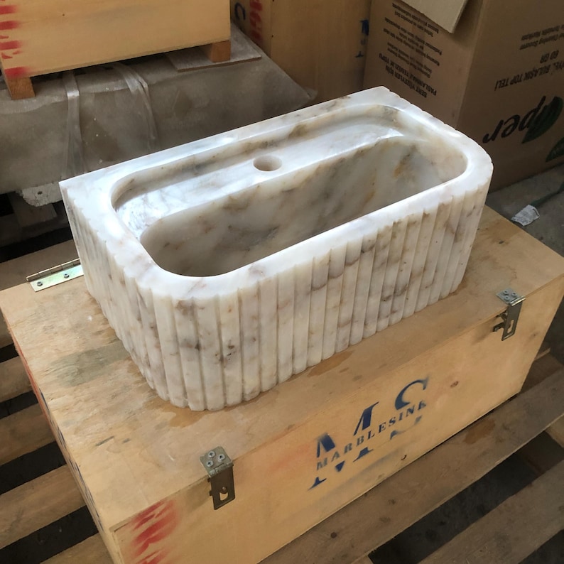 Ready-to-Ship Elegant Calacatta Marble Bathroom Sink – Wall-Mounted or Vanity Top