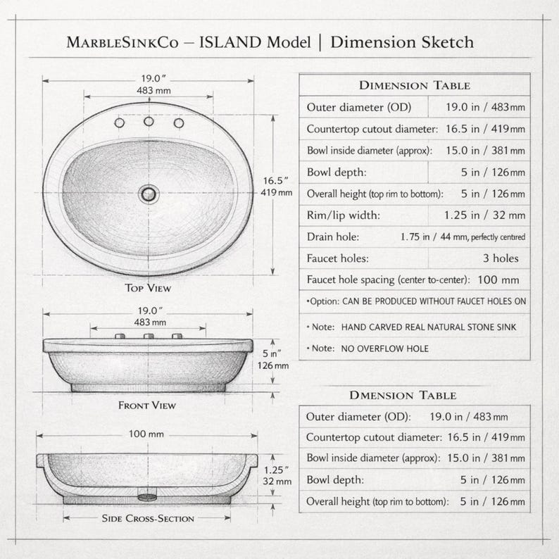 May include: Dimension sketch of an oval-shaped MARBLESINKCO ISLAND Model sink. The diagram shows top, front, and side views, with measurements in inches and millimeters. Includes dimensions for outer diameter, bowl depth, and faucet hole spacing.