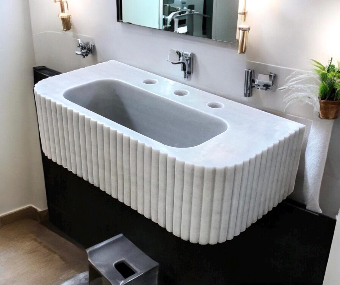 Hand-Carved Carrara Marble Bathroom Sink: Fluted Vessel Vanity
