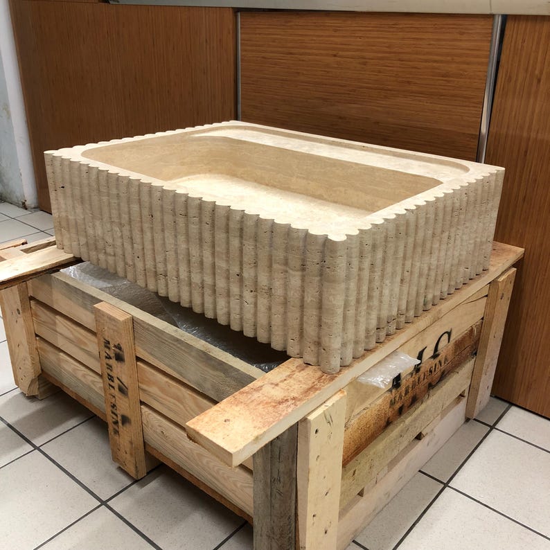 Stone Sink, Wall Mount , Marble Sink, Marble Washbasin, Natural Stone Sink, Powder Room Sink, White Marble , Ribbed Front Sink, Travertine