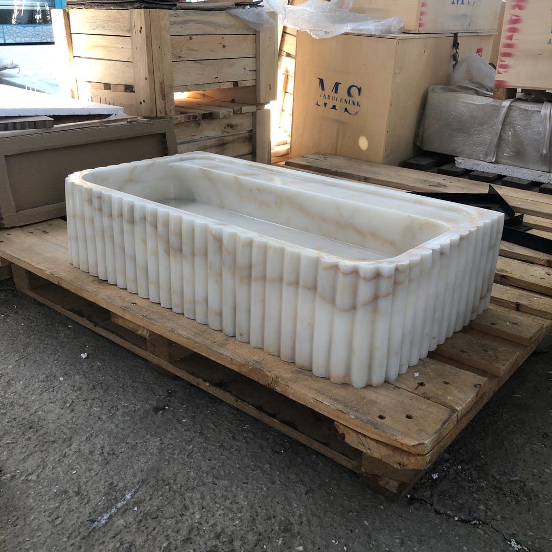Hand Carved Calacatta Viola Marble Fluted Sink - Wall Mount or Vanity