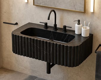 Black Fluted Wall‑Mount Marble Sink – 3‑Hole Luxury Basin - Elegant Bathroom Vanity by MarbleSinkCo