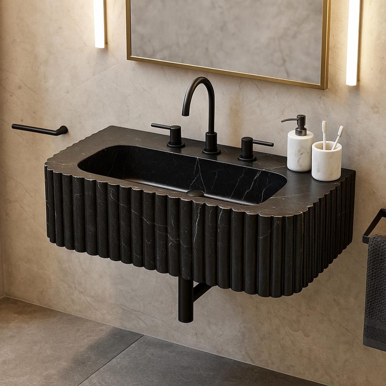 Black Fluted Wall-Mount Marble Sink - 3-Hole Luxury Basin - Elegant Bathroom Vanity