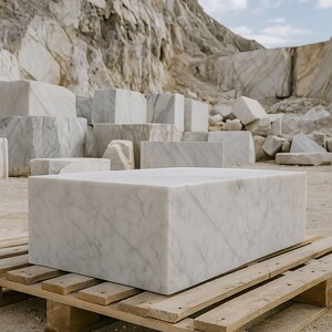 May include: A large, rectangular white marble block with gray veining sits on a wooden pallet. The block is in a quarry setting, with other marble blocks and a rocky hillside in the background.