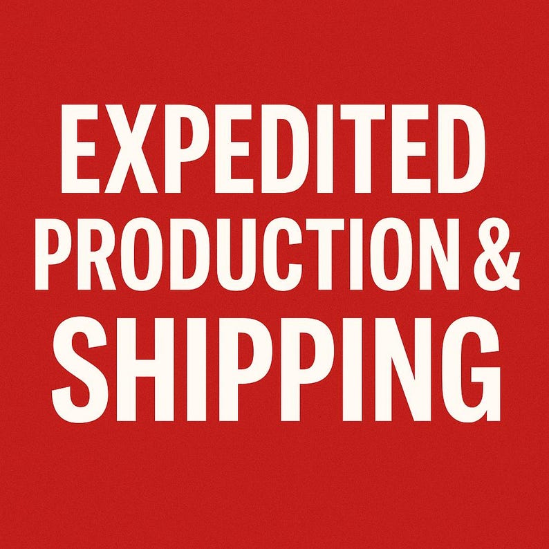 May include: A red background with the white text "EXPEDITED PRODUCTION & SHIPPING". The text is in a bold, sans-serif font. The overall design is simple and direct.