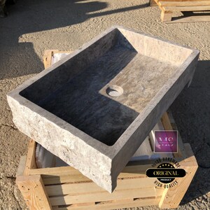 Rustic Travertine Wall Mount Sink – Natural Stone Vessel Sink – Hand-Carved Rectangle Bathroom Vanity – Modern Minimalist Basin