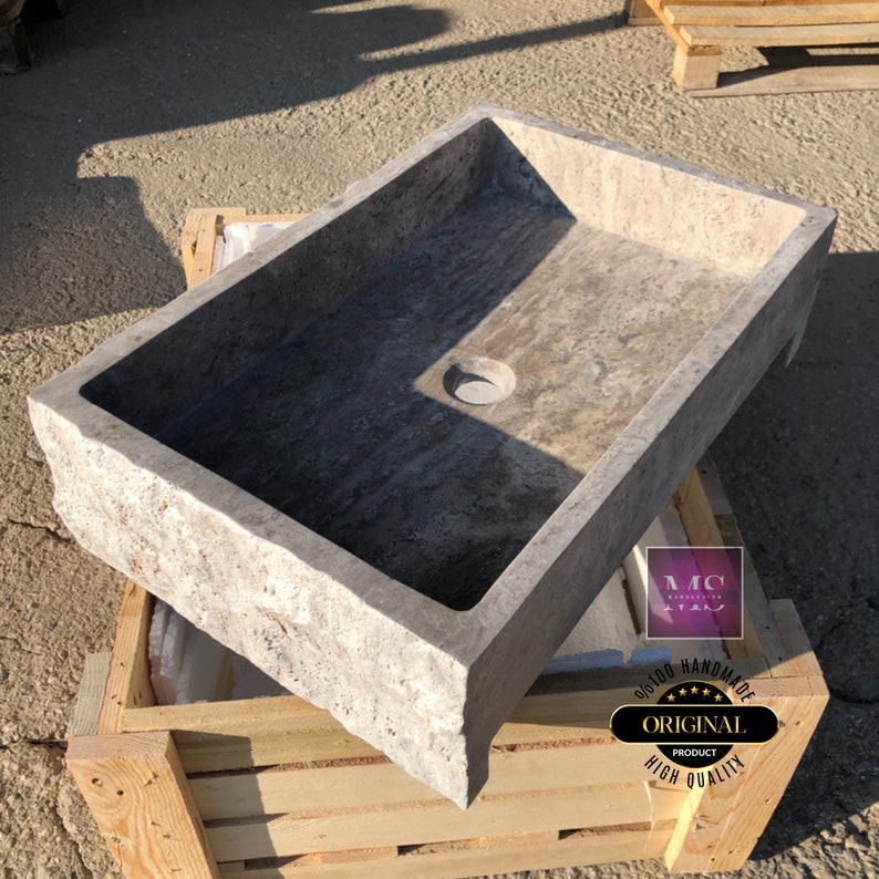 Rustic Travertine Wall Mount Sink – Natural Stone Vessel Sink – Hand-Carved Rectangle Bathroom Vanity – Modern Minimalist Basin