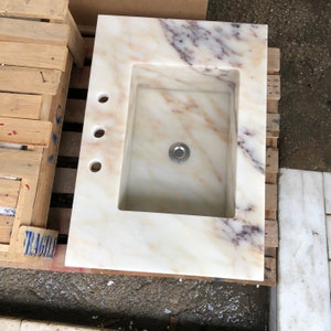 Wall hung Vessel Sink with 3 faucet holes Calacatta Gold Floating Sink, Farmhouse Kitchen Sink, Rough Stone Sink Marble Sink Bathroom Vanity
