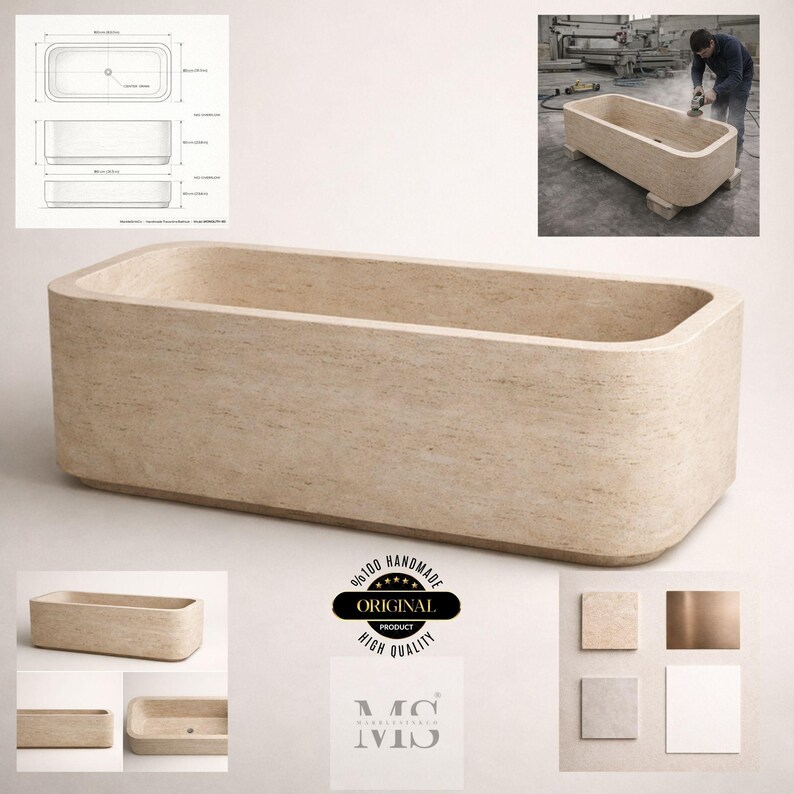 May include: A rectangular, beige stone bathtub with rounded edges. The tub is shown in a studio setting, with additional images of the tub's design and construction. The image also includes a logo that says "100% Handmade Original Product High Quality".