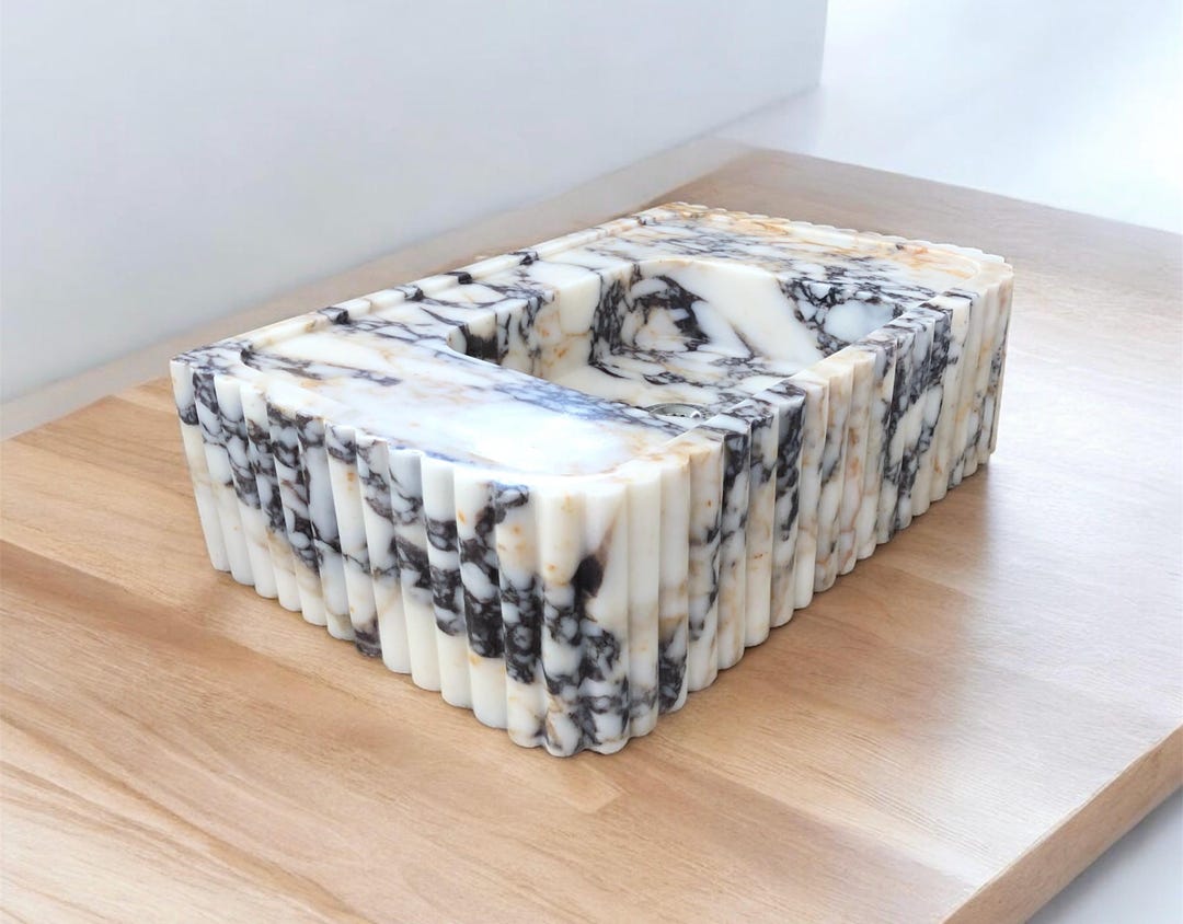 Hand-Carved Calacatta Viola Marble Fluted Wall Mount Sink