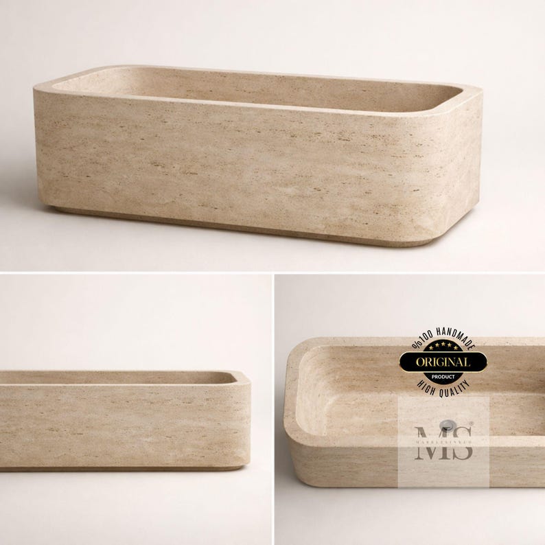 May include: A rectangular, beige stone planter with rounded corners. The planter has a smooth, textured surface and a hollow interior. The image includes a close-up of the planter and the text "ORIGINAL PRODUCT HIGH QUALITY".