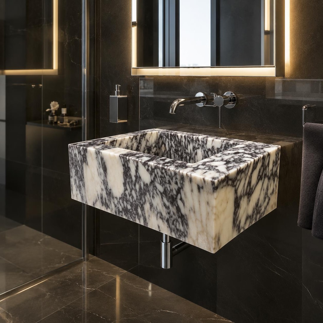 Luxury Handmade Calacatta Viola Marble Wall Mount Sink for Designer Powder Rooms