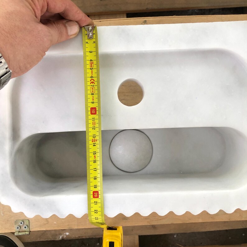 Handmade Glossy White Carrara Marble Sink, Fluted Front, Wall-Mounted or Countertop Vanity, 35x22x15cm Ideal for Bathroom, Office, Farmhouse