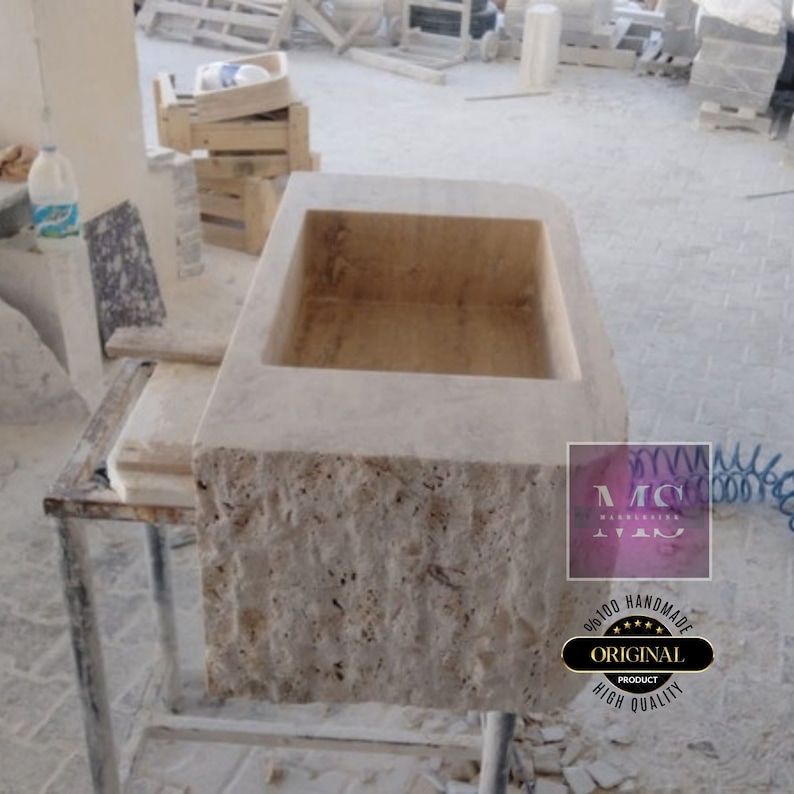 Travertine Rough Chiseled Sink Wall Mount Travertine Sink Marble Bathroom Sink Powder Room Sink Custom Wall Mount Sink with Rough Apron Sink