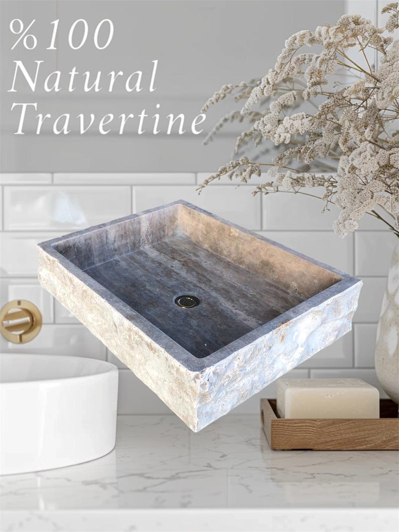 Travertine Sink Split Face Design - 100% Natural Stone - Handcrafted - Sink for Bathroom - Stone Sink - Marble Sink - Rustic Designs
