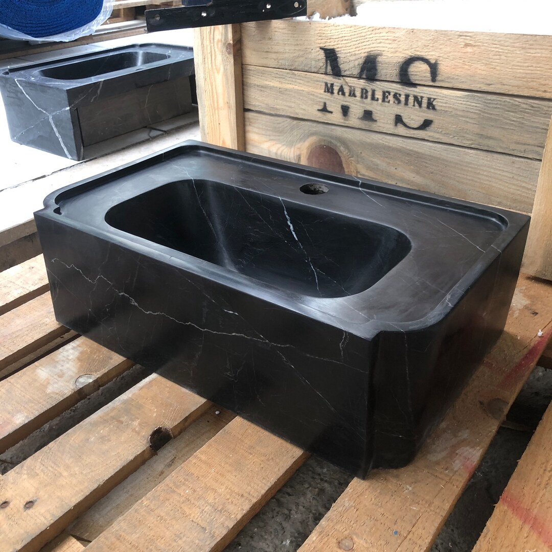 Hand Carved Matte Black Marble Sink: Rectangular Stone Vanity