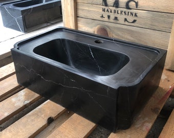 Hand Carved Matte Black Marble Sink: Rectangular Stone Vanity
