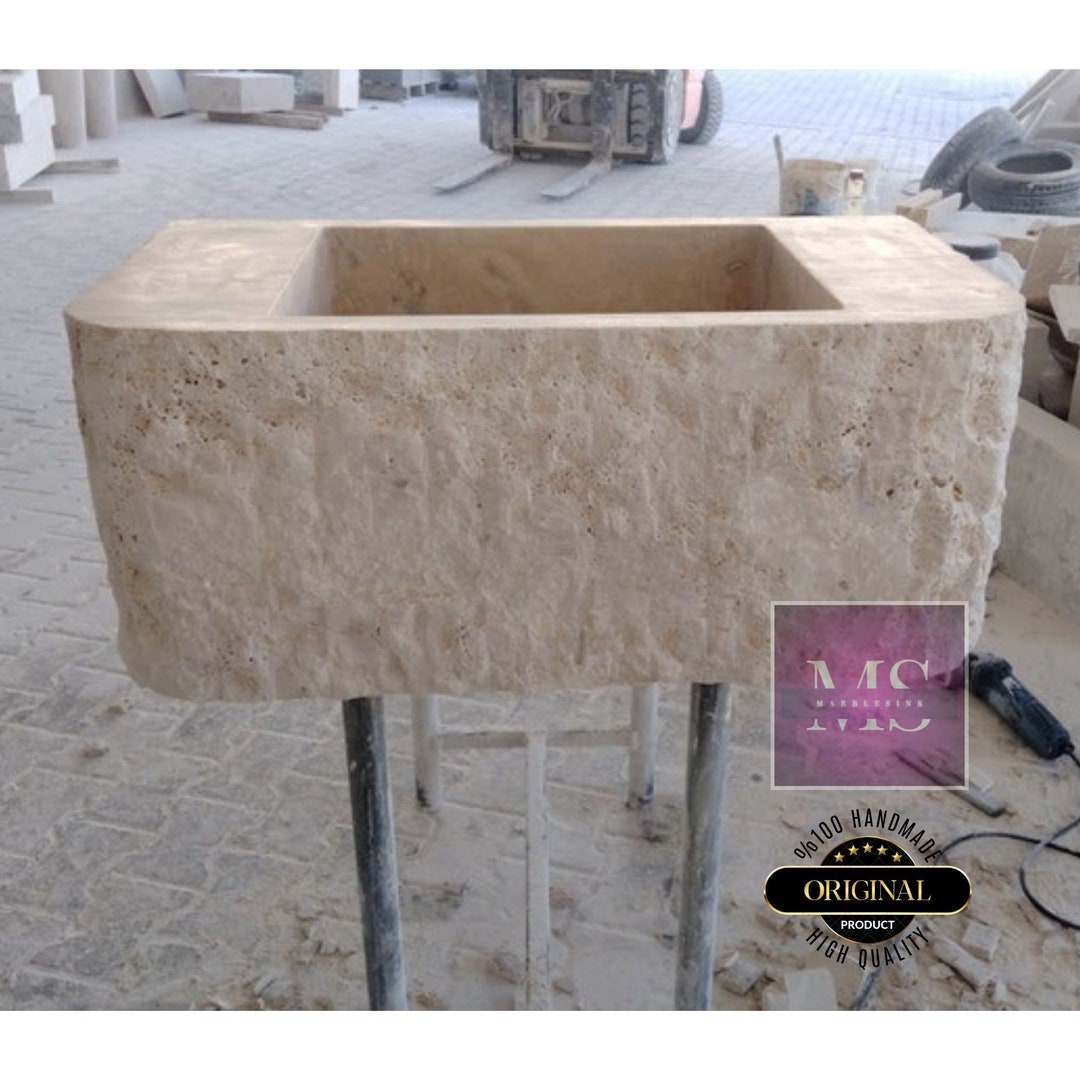 Travertine Sink: Rough Chiseled Wall Mount Bathroom Sink