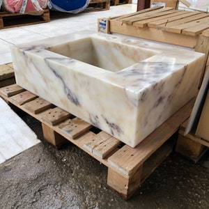 Wall hung Vessel Sink with 3 faucet holes Calacatta Gold Floating Sink, Farmhouse Kitchen Sink, Rough Stone Sink Marble Sink Bathroom Vanity