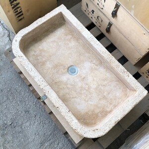 Hand-Carved Travertine Sink - 65x40x10 cm (25.6x15.7x3.9 inç) - Farmhouse & Rustic Bathroom Sink - Countertop/Wall Mounted