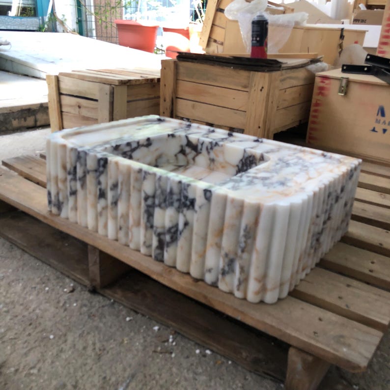 Calacatta Viola Marble Fluted Sink Wall Mount Marble Sink Marble Bathroom Sink Powder Room Sink Custom Vanity Top Natural Stone Marble Sink
