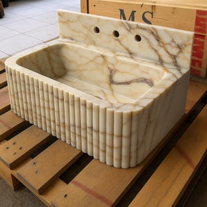 Calacatta Viola Marble Sink – Fluted Front Wall-Mounted Vessel with 3-Hole Backsplash Custom Size 104×45×15 cm