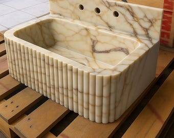Calacatta Viola Marble Sink: Fluted Front, Wall-Mounted with Backsplash by MarbleSinkCo
