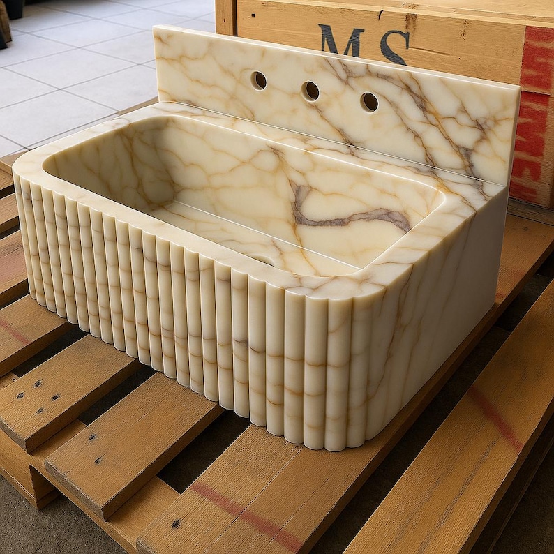 Calacatta Viola Marble Sink – Fluted Front Wall-Mounted Vessel with 3-Hole Backsplash Custom Size 104×45×15 cm