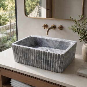 Luxury Handcrafted Tundra Gray Marble Wall Mounted Fluted Sink
Natural Stone Bathroom Vanity Basin by MarbleSinkCo, Gray  marble sink - countertop sink - vanity sink - farmhouse sink - vessel sink - splashback sink - bathroom sink - wall-mounted marble sink - wall-mounted sink - kitchen sink - console pedestal marble sink - cabinet top sink - marble sink with wooden drawers - square