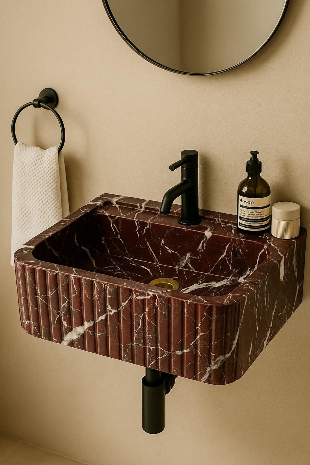 Hand-Carved Red Marble Sink: Rectangular Bathroom Vanity