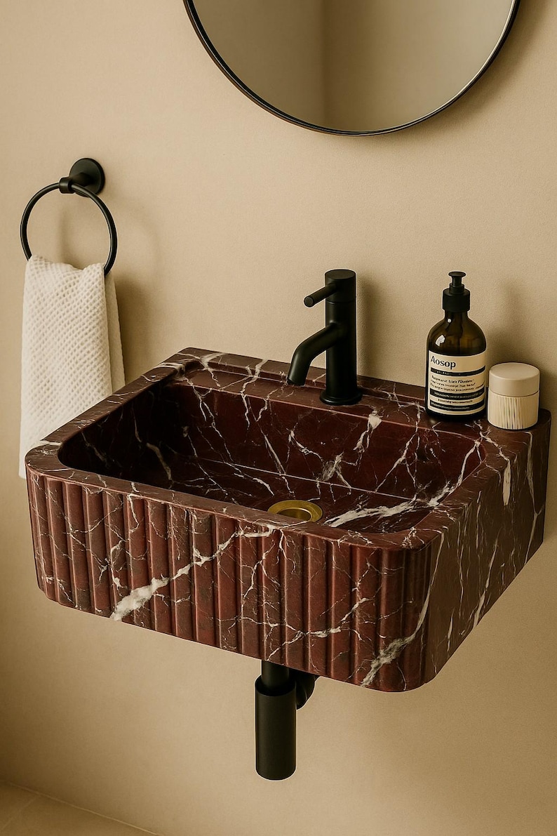 Rosso Levanto Marble Sink – Handmade Red Stone Bathroom Vanity, Wall Mount or Countertop, Custom Size Luxury Sink