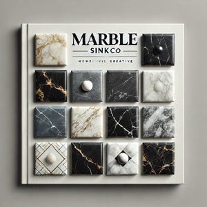 May include: A white book with the title "MARBLE SINKCO" and the words "REImaginative CREATIVE" printed on the cover. The book features a grid of 12 square images of different marble patterns.