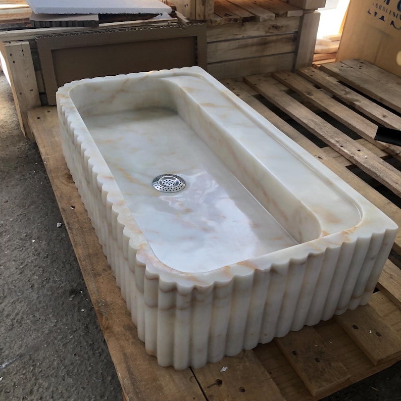 Calacatta Viola Marble Fluted Sink Wall Mount Marble Sink Marble Bathroom Sink Powder Room Sink Custom Vanity Top Natural Stone Marble Sink