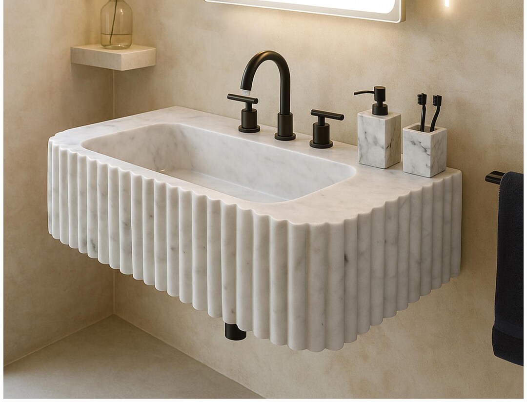 Handcrafted Carrara Marble Sink with Steel Brackets: 17.72''x11.81''x5.91''
