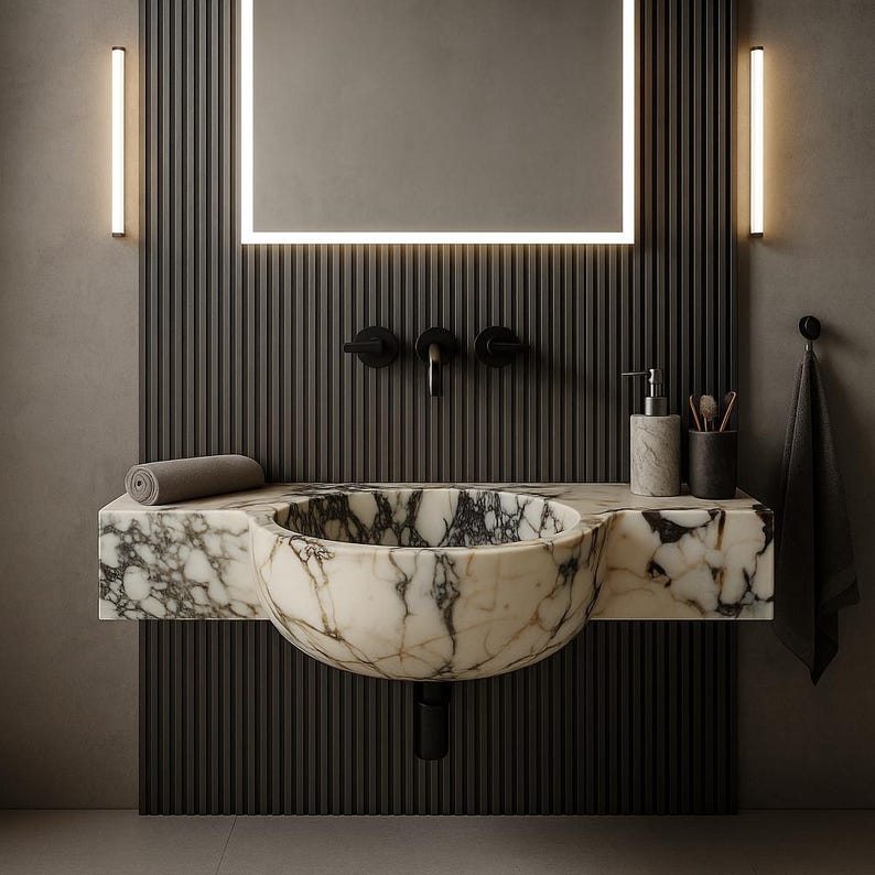 Luxurious wall-mounted Calacatta marble sink carved from a single block. Featuring 3 faucet holes, fluted front design, and floating vanity look. Ideal for modern, minimalist bathrooms. Custom sizes available. Handmade from natural Italian stone. Bathroom sink, marble vanity, stone basin, designer sink, fluted marble, wall mount sink, handmade sink, rectangular sink, luxury bathroom decor.