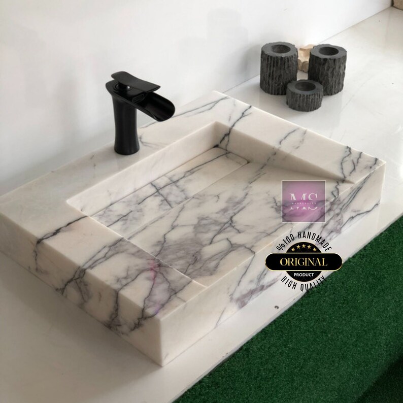 Customizable White Marble Sink – Handcrafted Elegance for Luxurious Bathrooms Handmade Carrara Marble Wall-Mounted Sink: Bespoke Luxury Bathroom Vanity