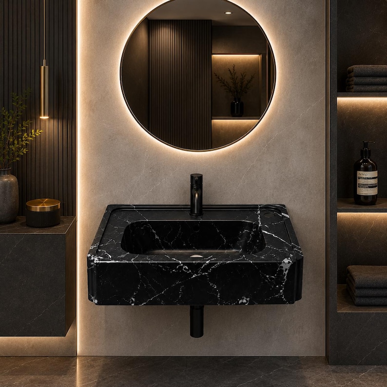 Handmade Black Nero Marquina Marble Wall Mounted Bathroom Sink Floating Luxury Natural Stone Wash Basin