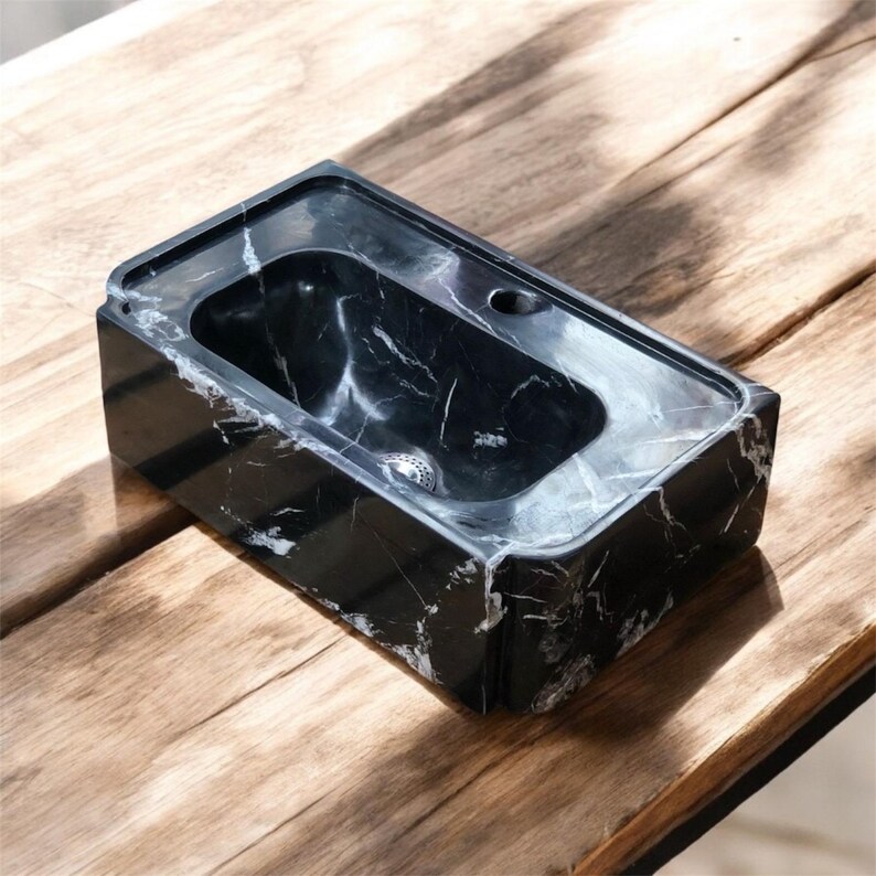 Handmade Black Nero Marquina Marble Wall Mounted Bathroom Sink Floating Luxury Natural Stone Wash Basin